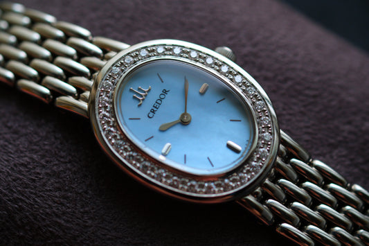 Credor Signo GSTE951 1E70-0AB0 Lady Ice Blue Mop Dial 28 Diamon P Bezel Excellent Condition
