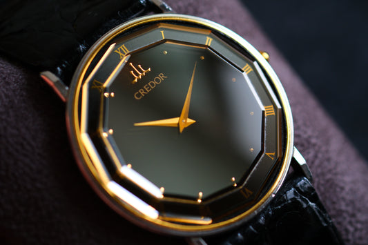 Credor 2F70-0291 SS/18KT Polygonal crystal design Beautiful Design Black Dial