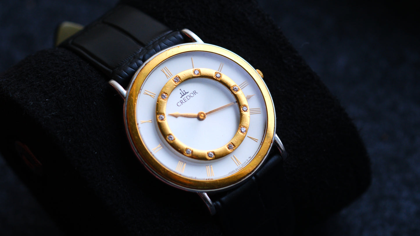 Credor 8N70-6070 Two Bezel 18K Gold Diamond Carson White Dial