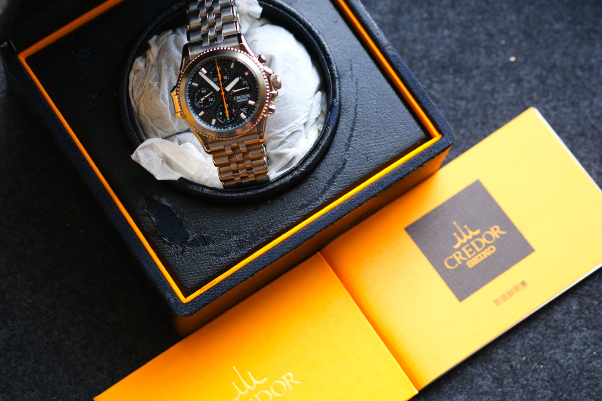Credor Pacifique GCBK997 6S77-0A10 Chrnograph Limited 2000 Rare Carbon Dial Full Box Paper NOS Condition