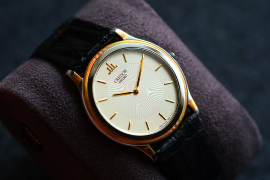 Credor 5A74-2000 JDM Ultra-Slim Dress Watch Two tone Dial Vintage Style 18K Bezel Good Condition