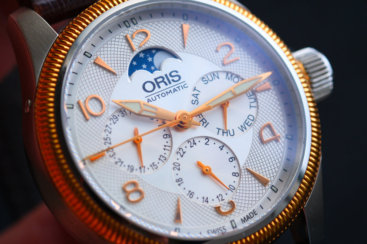Oris Big Crown Complication Day-Date-GMT Steel Moonphase Guilloche dial Full Box Good Condition