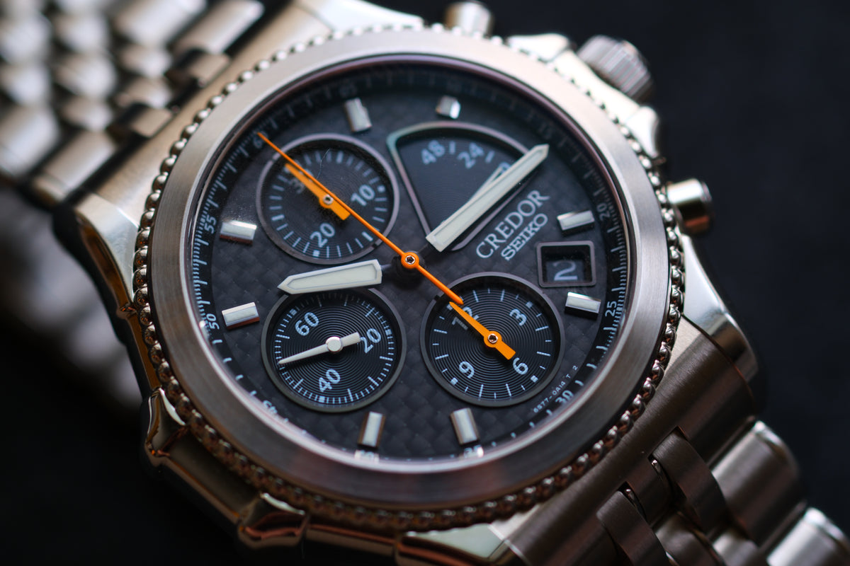 Credor Pacifique GCBK997 6S77-0A10 Chrnograph Limited 2000 Rare Carbon Dial Full Box Paper NOS Condition