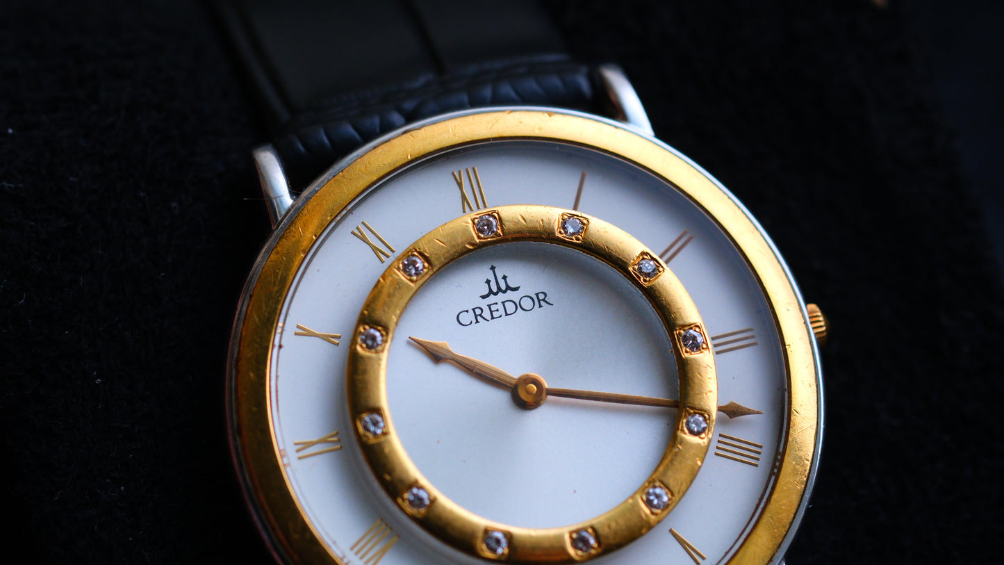 Credor 8N70-6070 Two Bezel 18K Gold Diamond Carson White Dial