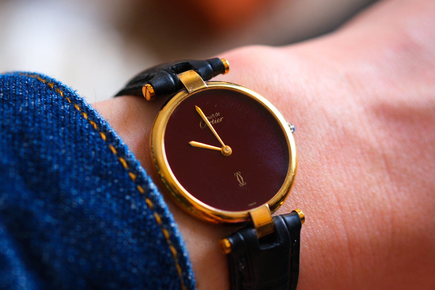 Cartier 1980s Must de Cartier Vendome Red Burgundy Lacquer Dial Men