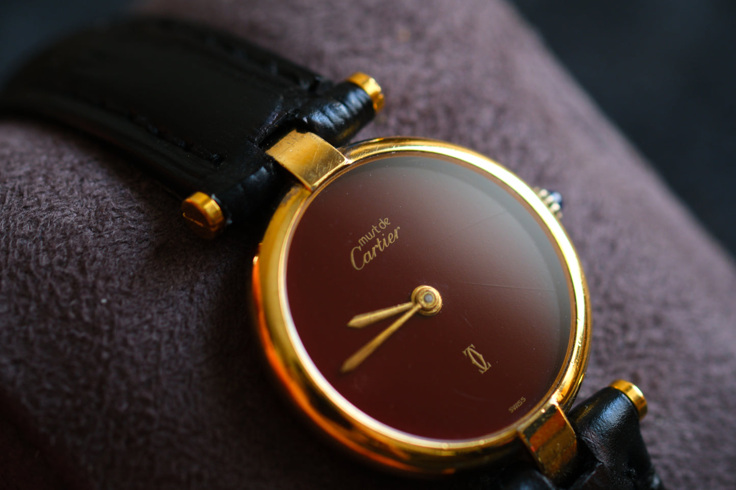 Cartier 1980s Must de Cartier Vendome Red Burgundy Lacquer Dial Lady