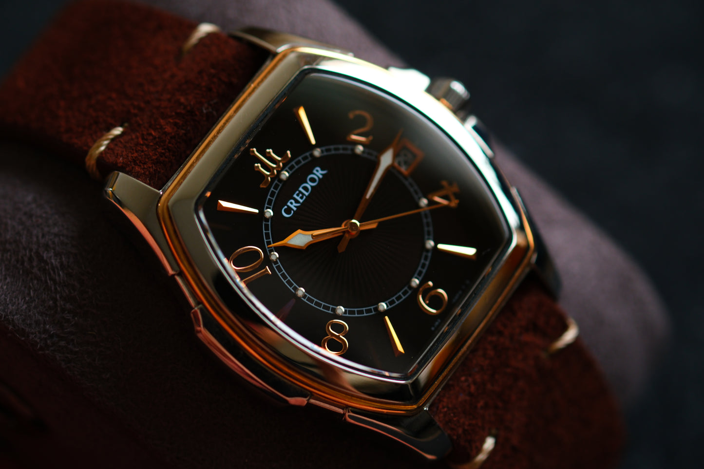 Credor Tonneau GCAX970 8J82-0AE0 Pacifique 18K Bezel Brown Dial Excellent Condition