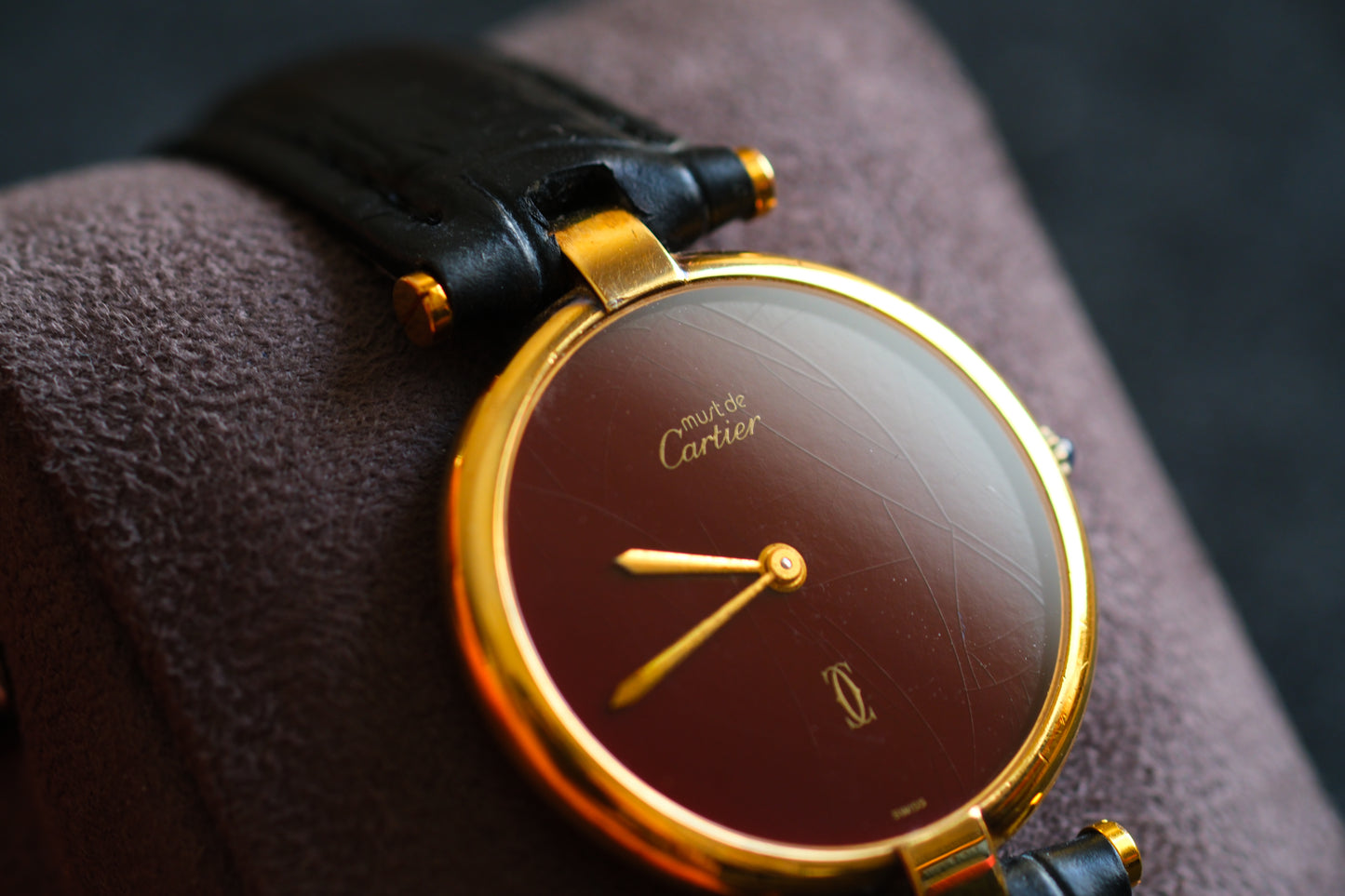 Cartier 1980s Must de Cartier Vendome Red Burgundy Lacquer Dial Men