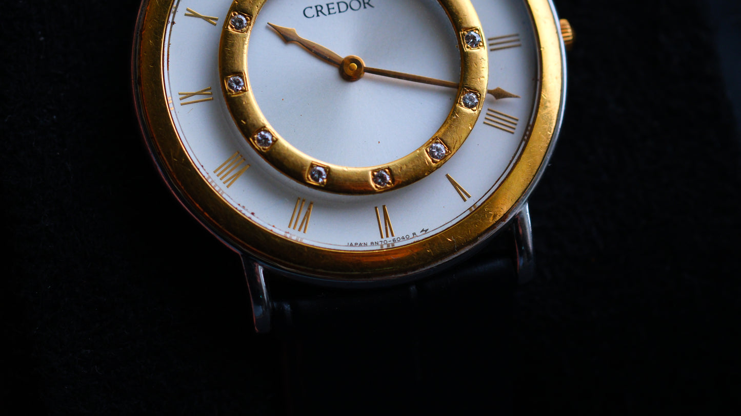 Credor 8N70-6070 Two Bezel 18K Gold Diamond Carson White Dial