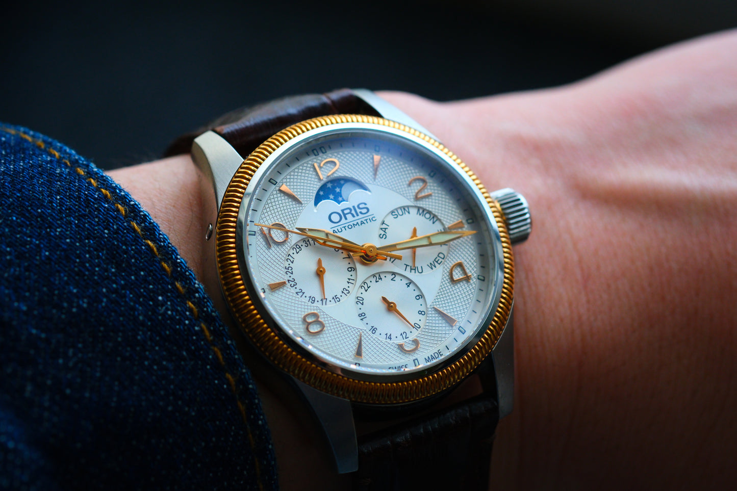 Oris Big Crown Complication Day-Date-GMT Steel Moonphase Guilloche dial Full Box Good Condition