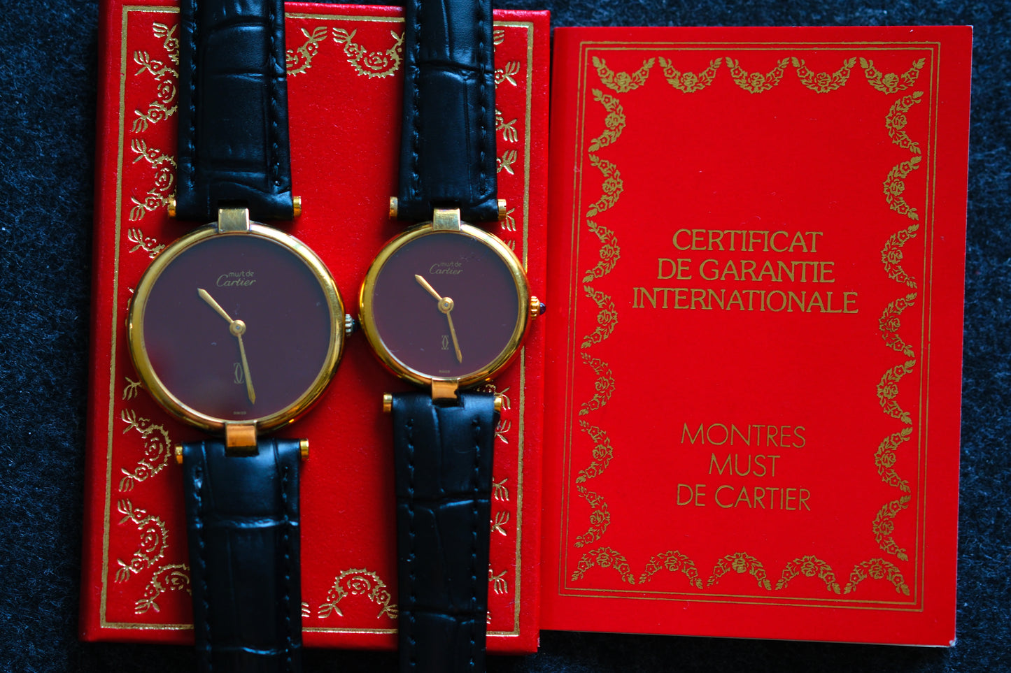 Cartier 1980s Must de Cartier Vendome Red Burgundy Lacquer Dial Men