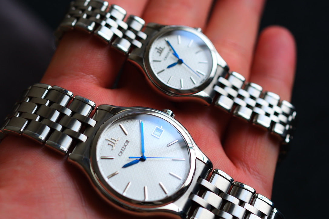 Credor Signo Couple GCAZ057 8j86-7A00 Blue Hand Box Men/lady 4j85-0A20 Excellent Condition