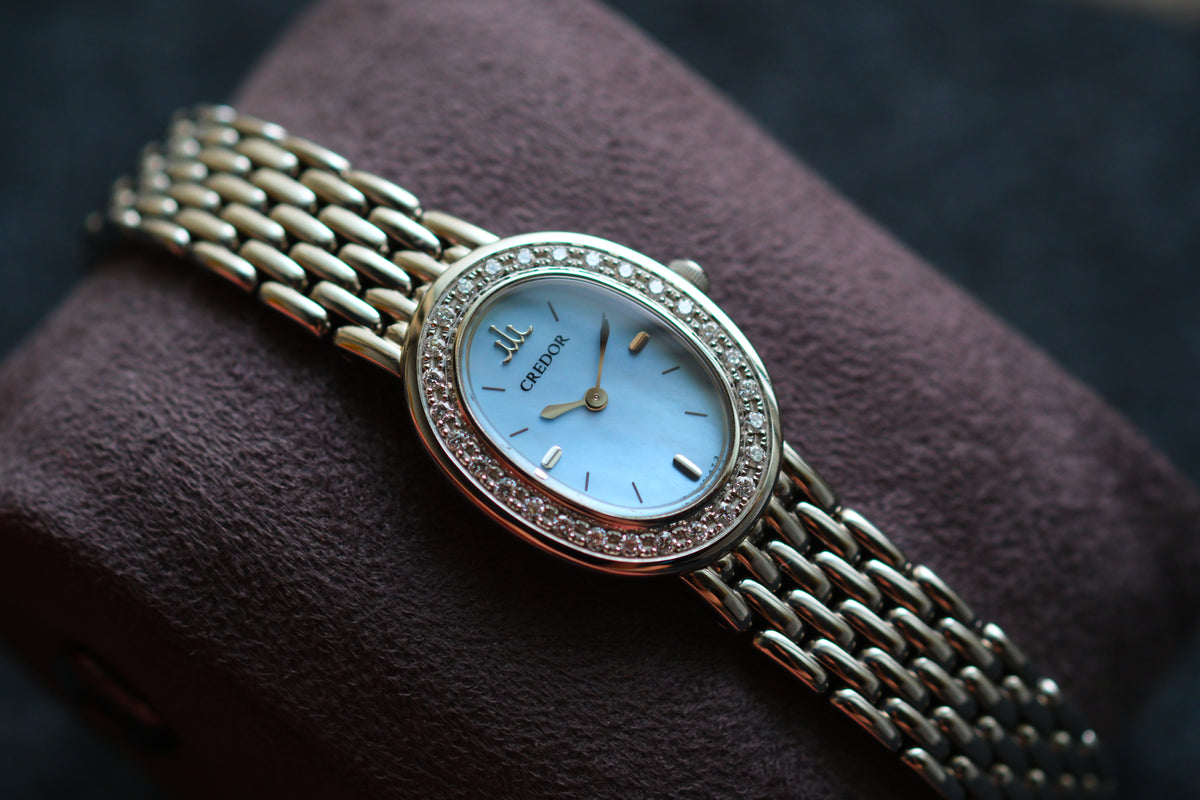 Credor Signo GSTE951 1E70-0AB0 Lady Ice Blue Mop Dial 28 Diamon P Bezel Excellent Condition