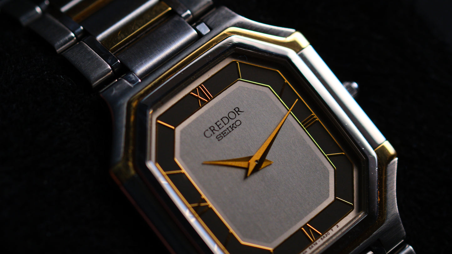 Credor Tank 18KT 5A74-3A10 Black Gray Dial Vintage Excellent Condition