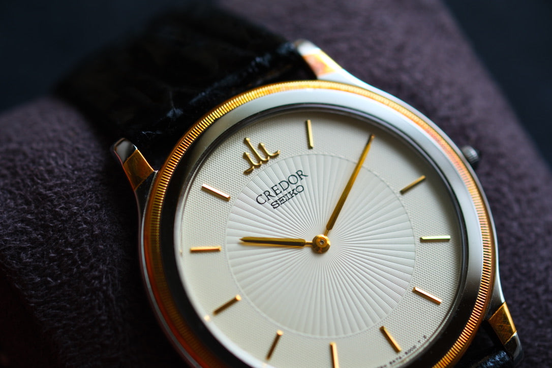 Credor 5A74-2000 JDM Ultra-Slim Dress Watch Two tone Dial Vintage Style 18K Bezel Good Condition
