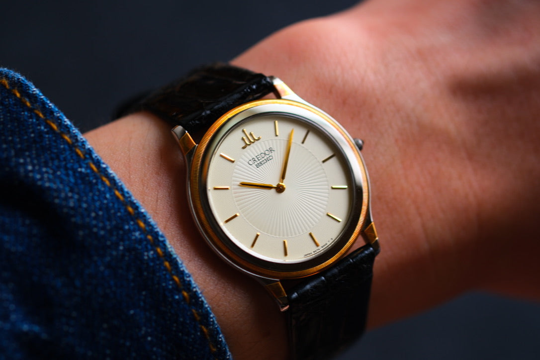 Credor 5A74-2000 JDM Ultra-Slim Dress Watch Two tone Dial Vintage Style 18K Bezel Good Condition