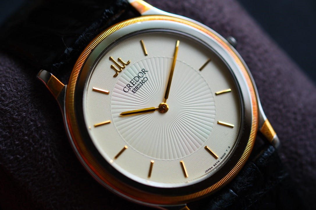 Credor 5A74-2000 JDM Ultra-Slim Dress Watch Two tone Dial Vintage Style 18K Bezel Good Condition