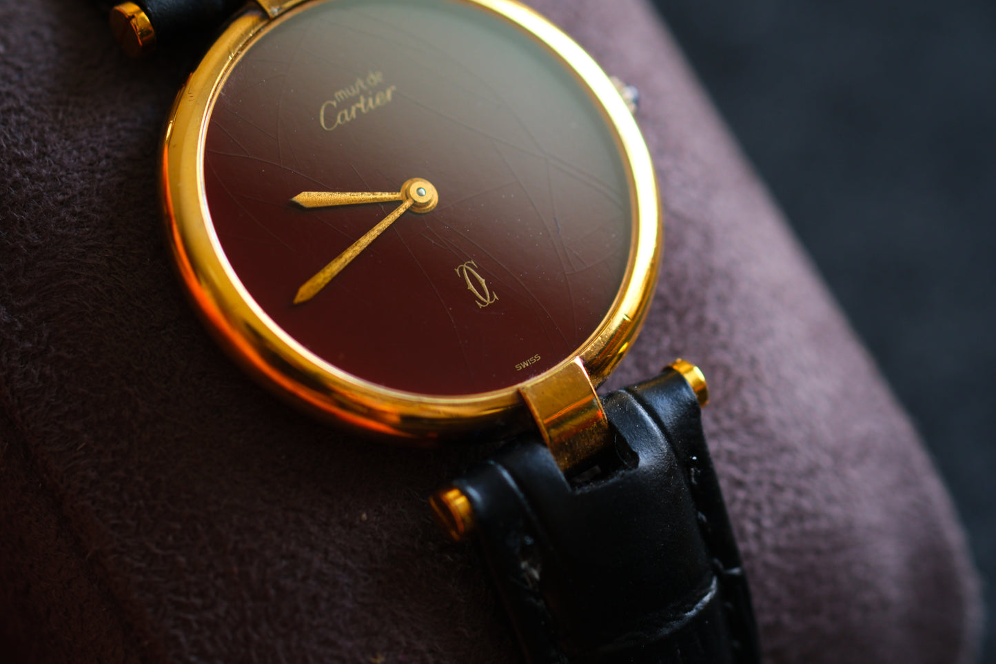 Cartier 1980s Must de Cartier Vendome Red Burgundy Lacquer Dial Men