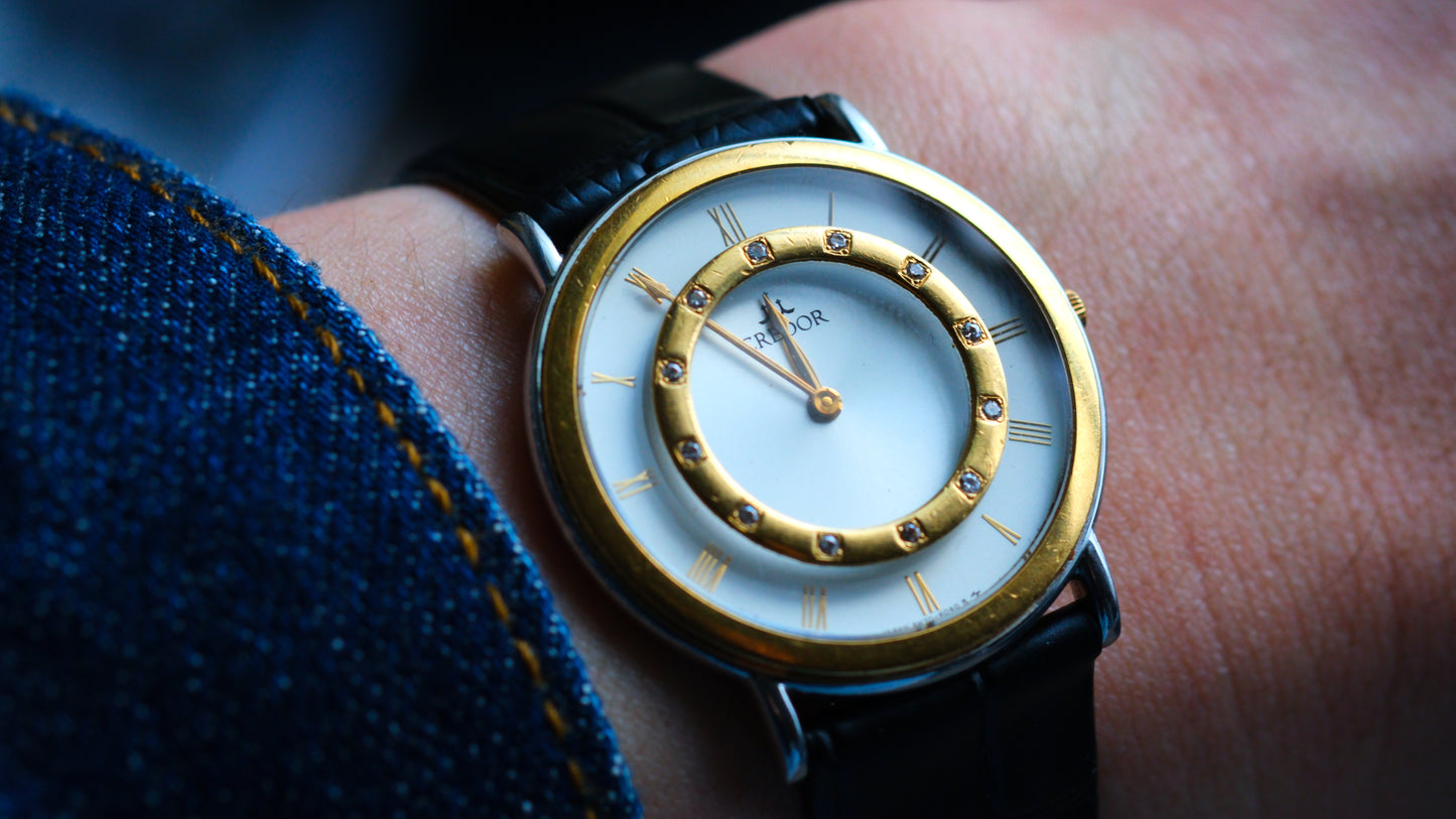 Credor 8N70-6070 Two Bezel 18K Gold Diamond Carson White Dial