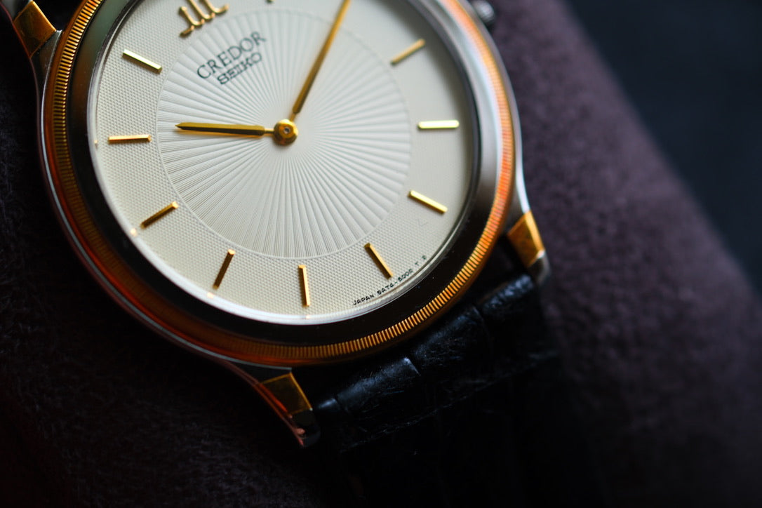 Credor 5A74-2000 JDM Ultra-Slim Dress Watch Two tone Dial Vintage Style 18K Bezel Good Condition