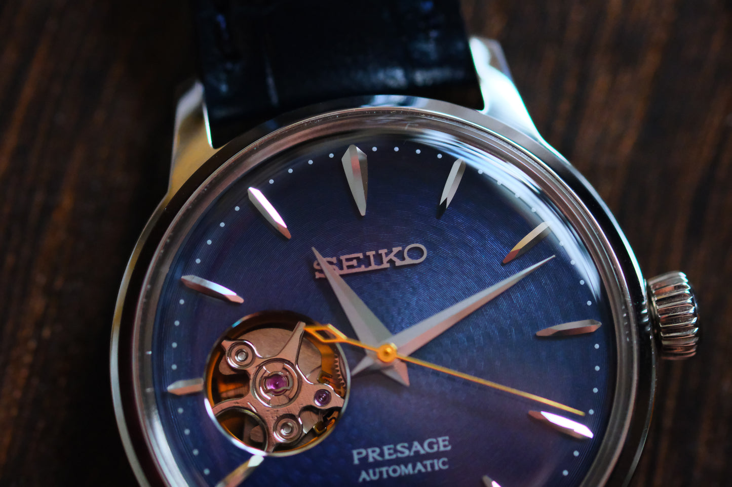 Seiko Pressage Open Heart Blue Dial