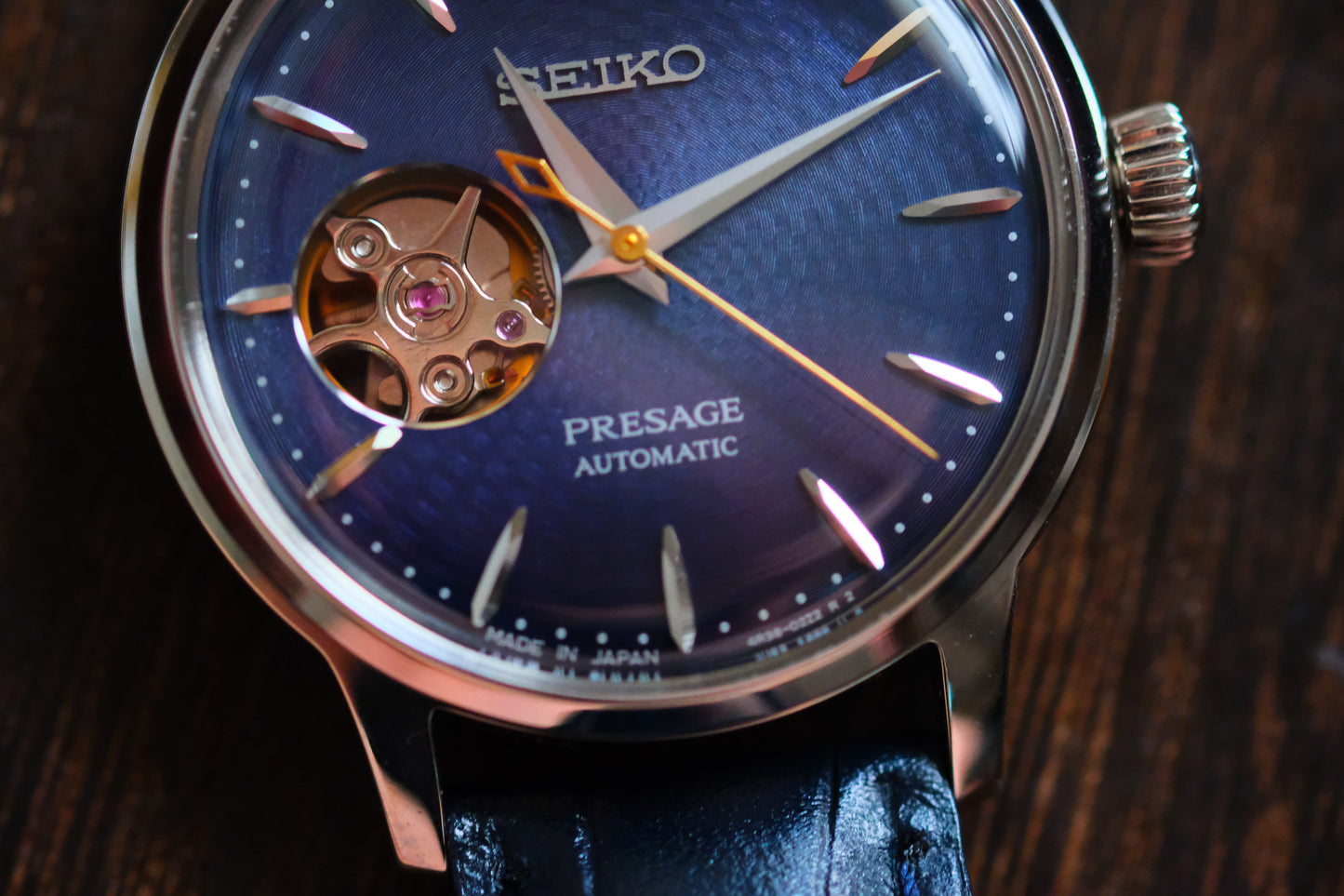Seiko Pressage Open Heart Blue Dial