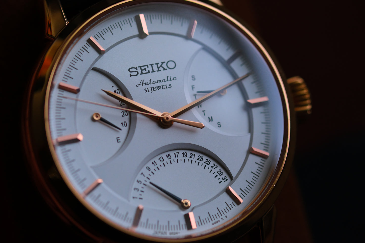 Seiko SARD006 Pressage  6R24-00D0 Rose Gold JDM Rare Retrograde day-date Power Reserve and a white dial | Great Condition