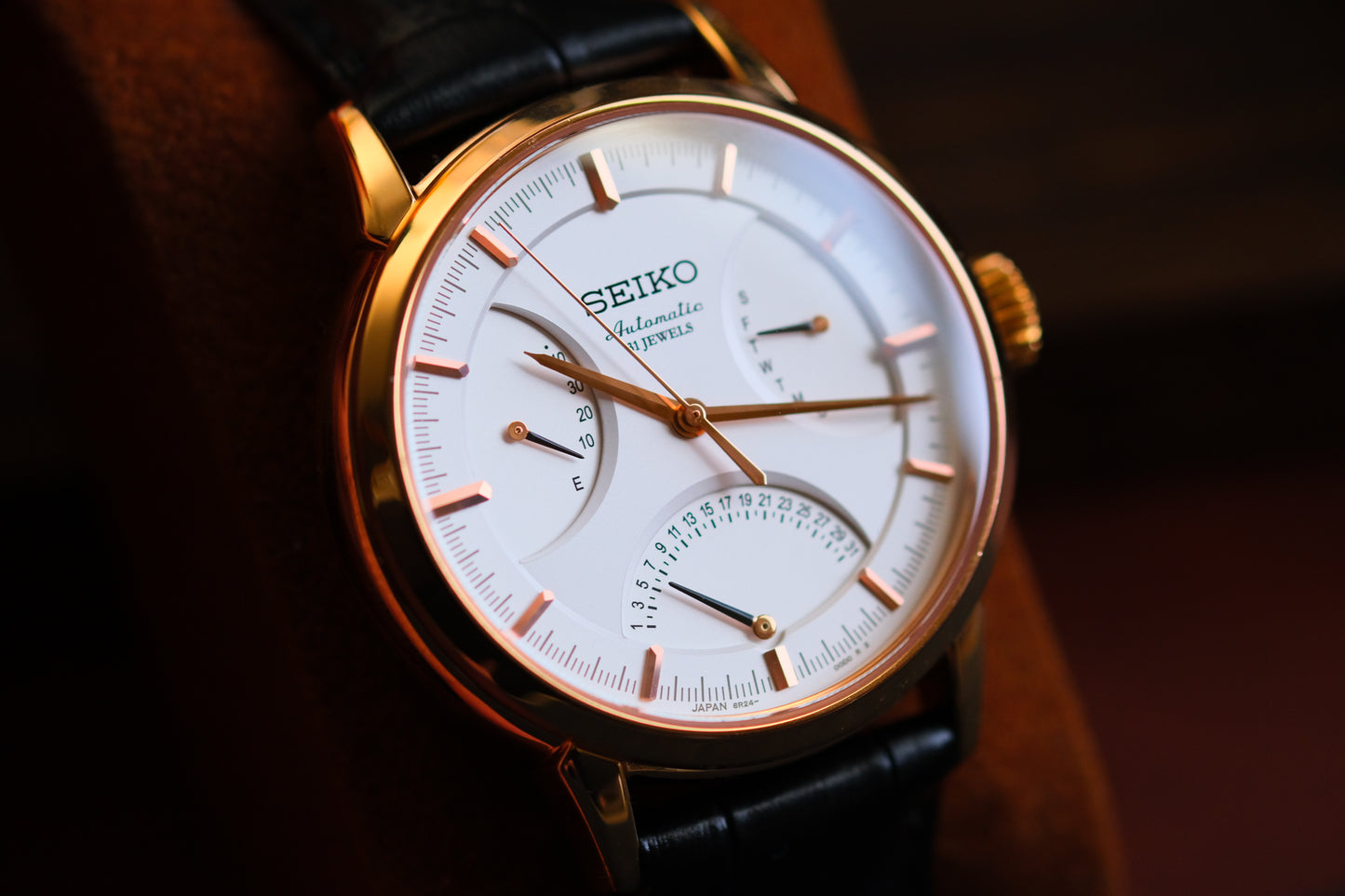 Seiko SARD006 Pressage  6R24-00D0 Rose Gold JDM Rare Retrograde day-date Power Reserve and a white dial | Great Condition