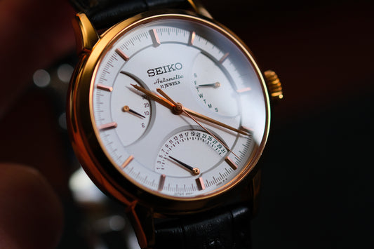 Seiko SARD006 Pressage  6R24-00D0 Rose Gold JDM Rare Retrograde day-date Power Reserve and a white dial | Great Condition