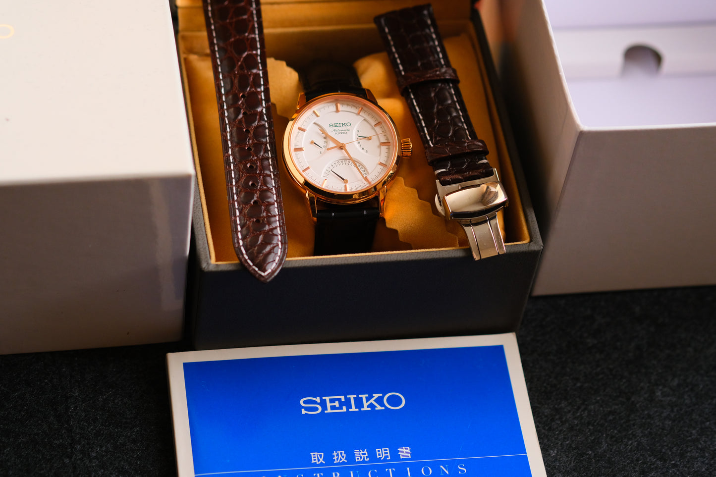 Seiko SARD006 Pressage  6R24-00D0 Rose Gold JDM Rare Retrograde day-date Power Reserve and a white dial | Great Condition