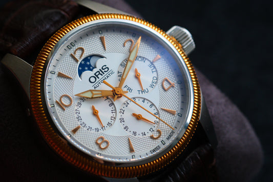 Oris Big Crown Complication Day-Date-GMT Steel Moonphase Guilloche dial Full Box Good Condition