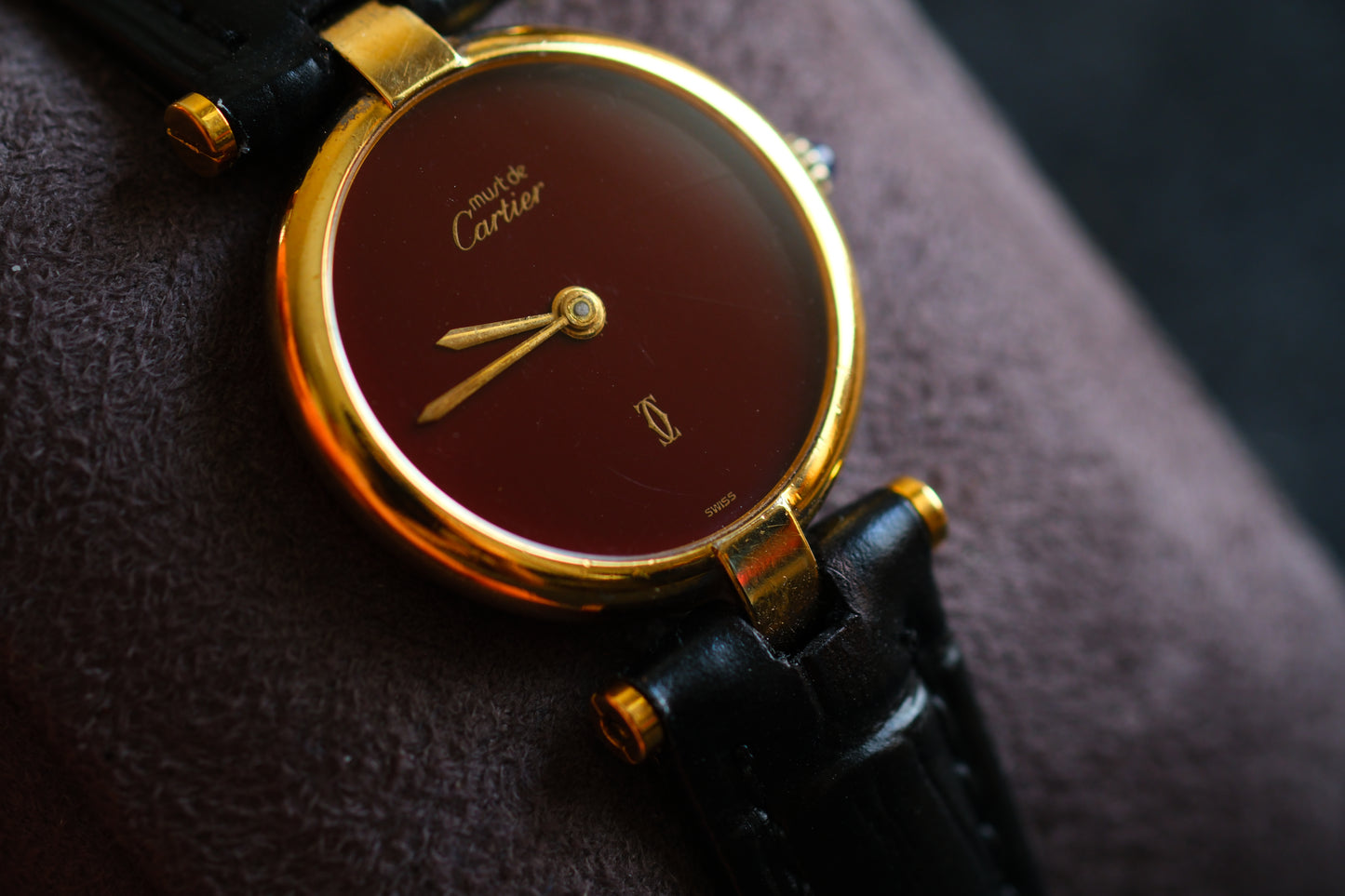 Cartier 1980s Must de Cartier Vendome Red Burgundy Lacquer Dial Lady