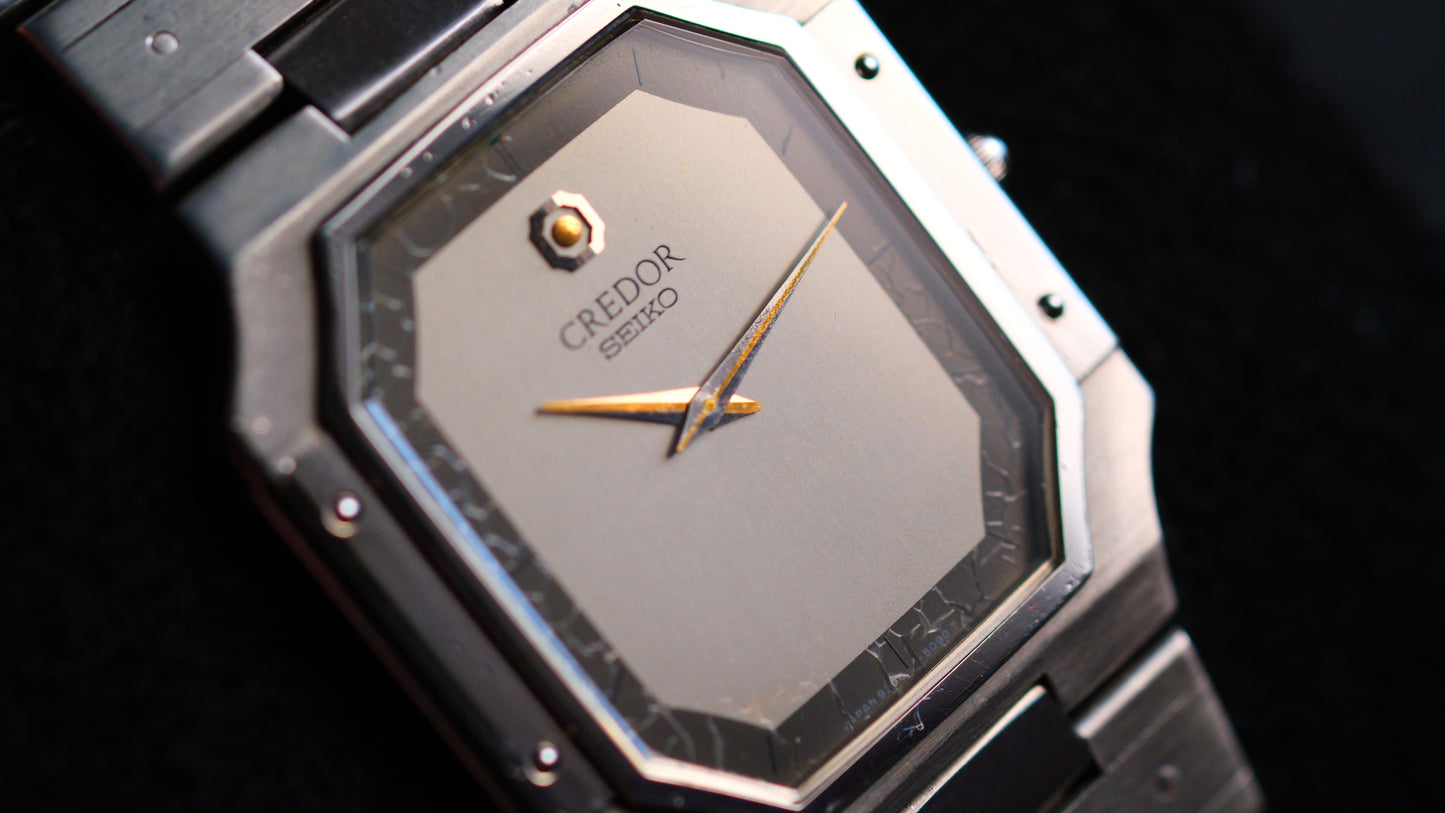 Credor Tank 9300-5050 Rare Black Gray Dial Full SS Good Condition