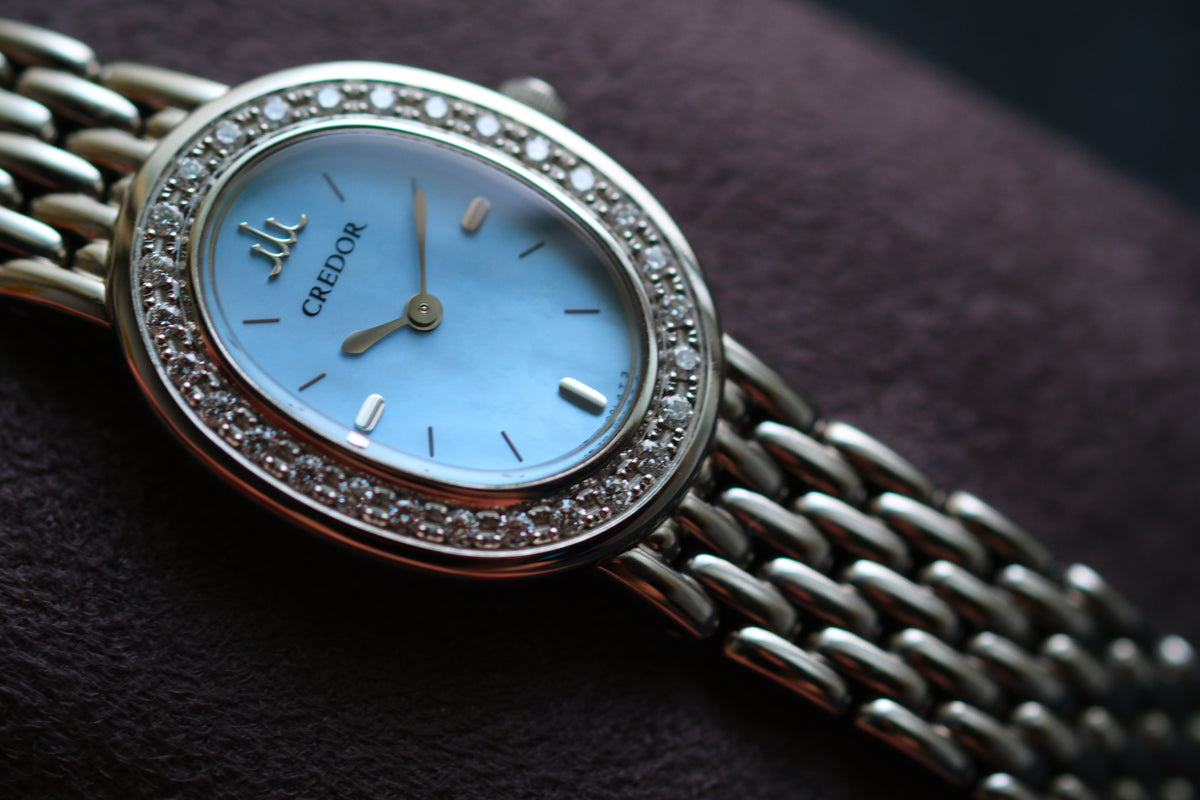 Credor Signo GSTE951 1E70-0AB0 Lady Ice Blue Mop Dial 28 Diamon P Bezel Excellent Condition