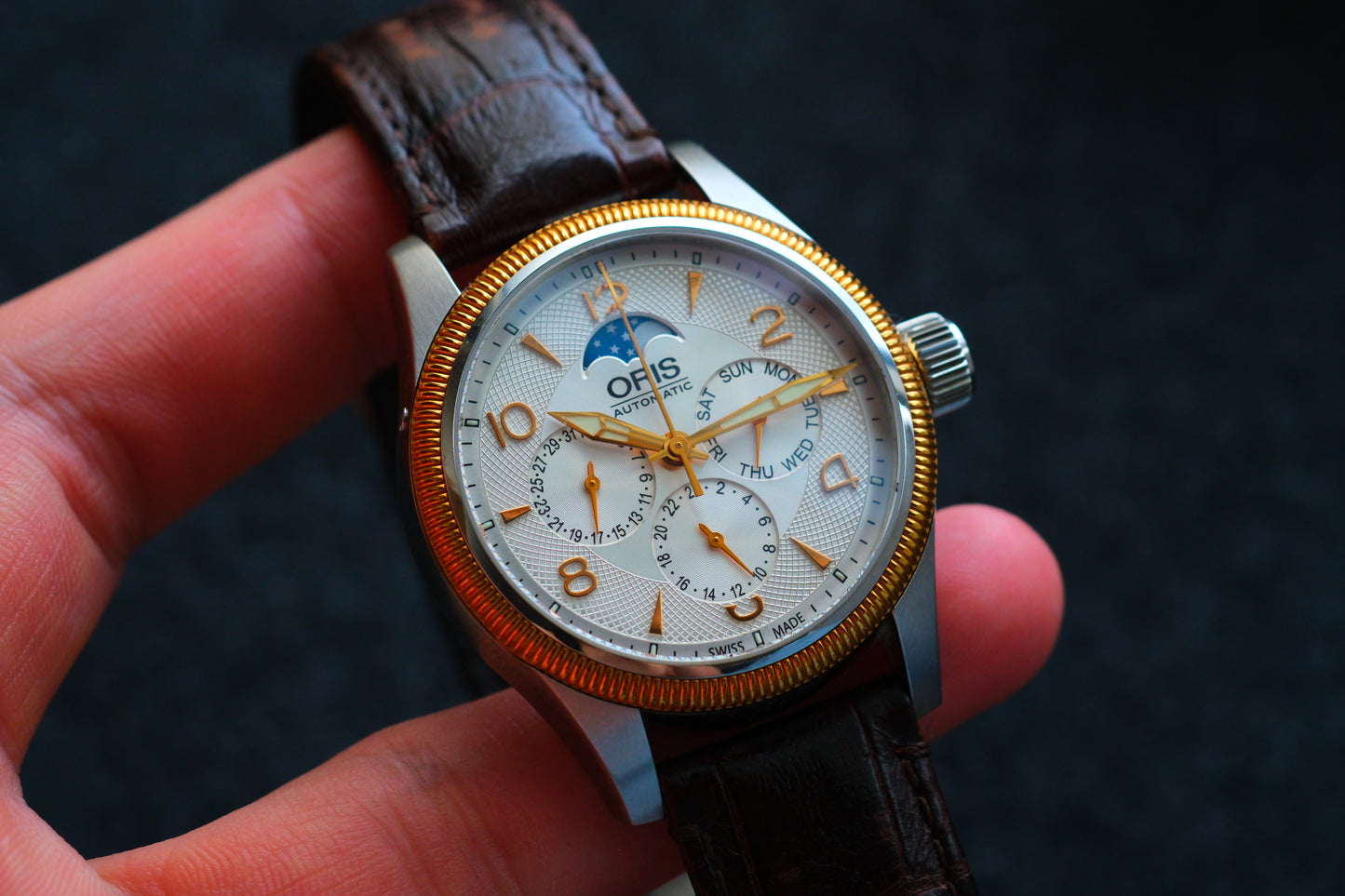 Oris Big Crown Complication Day-Date-GMT Steel Moonphase Guilloche dial Full Box Good Condition